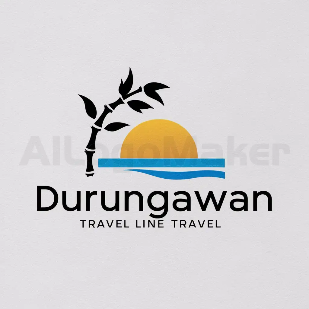 a logo design,with the text "DURUNGAWAN", main symbol:SUNSET BAMBOO WITH BLUE OCEAN LINE BELOW,Minimalistic,be used in Travel industry,clear background