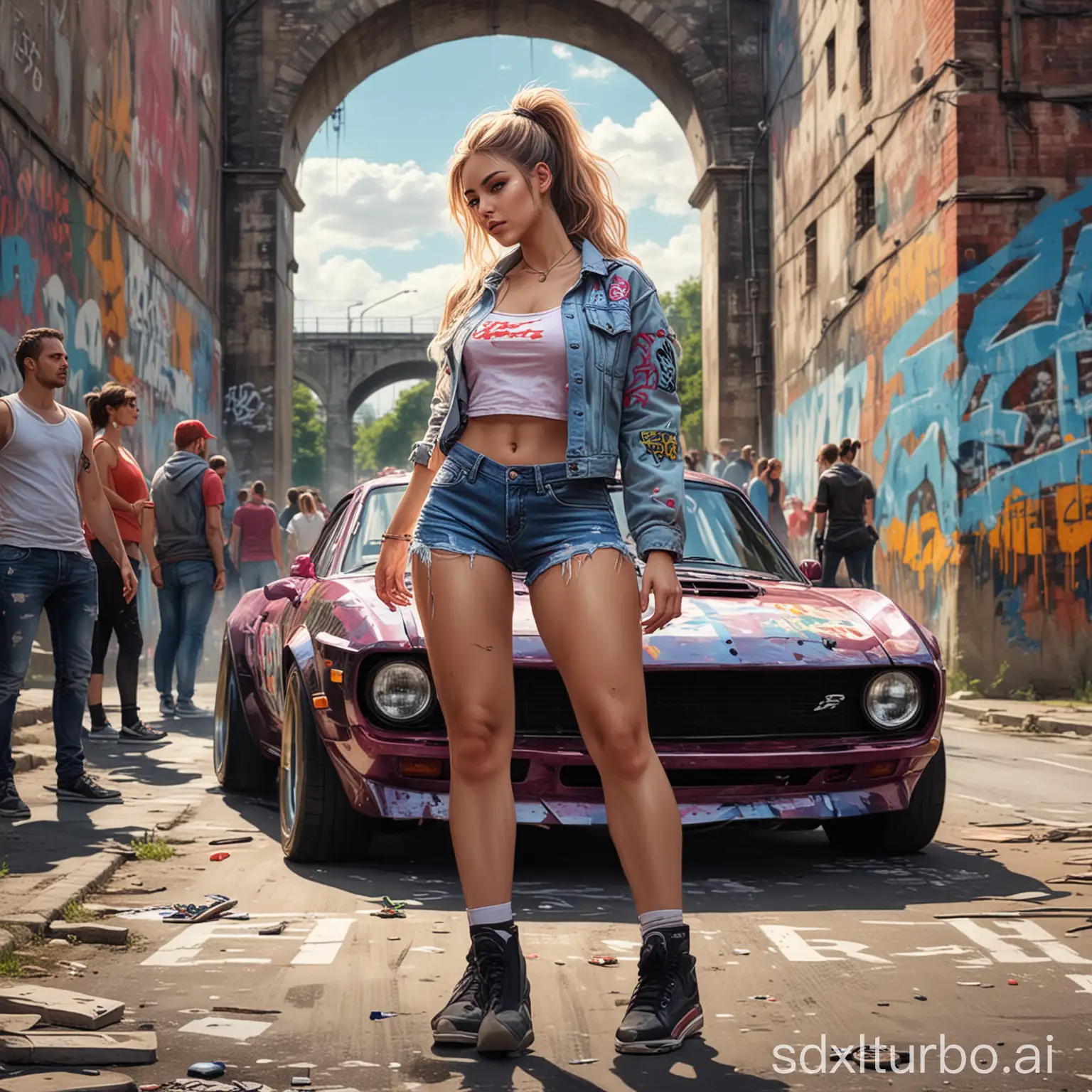Street-Racer-Girl-Initiates-Race-with-Spectators-and-Viaduct-Background