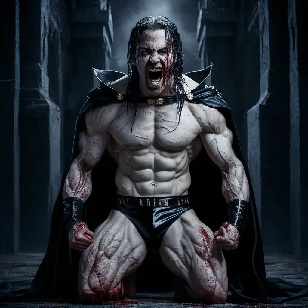 (Realistic full body, in evil castle) Adrian is the muscular bodybuilder in the world. He is a disgusting and evil king. He has a sinnister and perverse face with yellow teeth. He has long, wet, black, greasy and slicked back hair and a goatee. He is wearing a black latex speedo and a black royal cape. Hes speedo has the name Adrian written on it. Hes has enormous muscles. He is screaming in rage and fury. He is sitting on hes knees in defeat. Hes face is bleeding from being beaten. He is the angriest man ever.