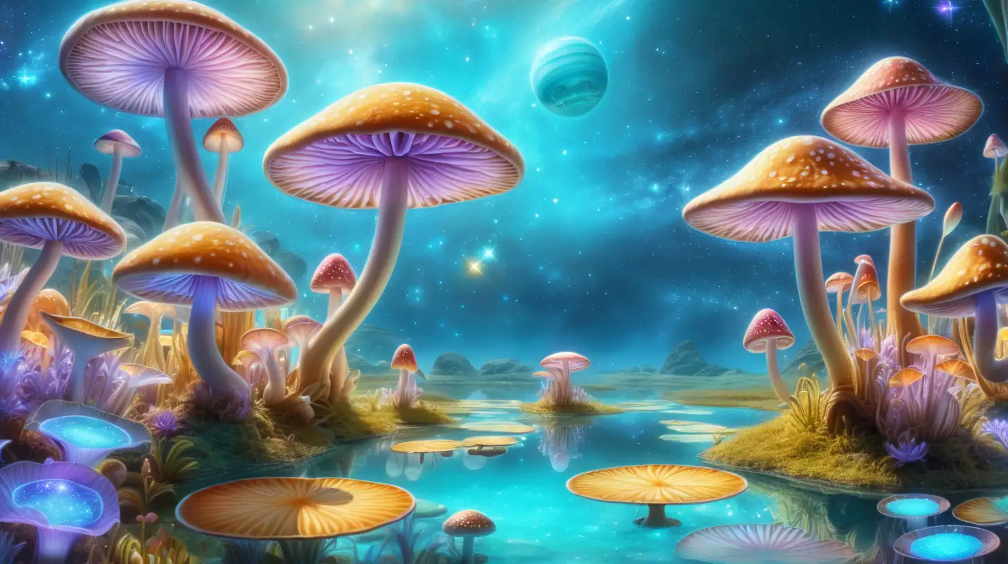 golden and Blue and Purple. Pink. Yellow. Orange mushrooms in the daytime spring and magical mushrooms with a magical turquoise glowing lake of planets and galaxies on lily pads