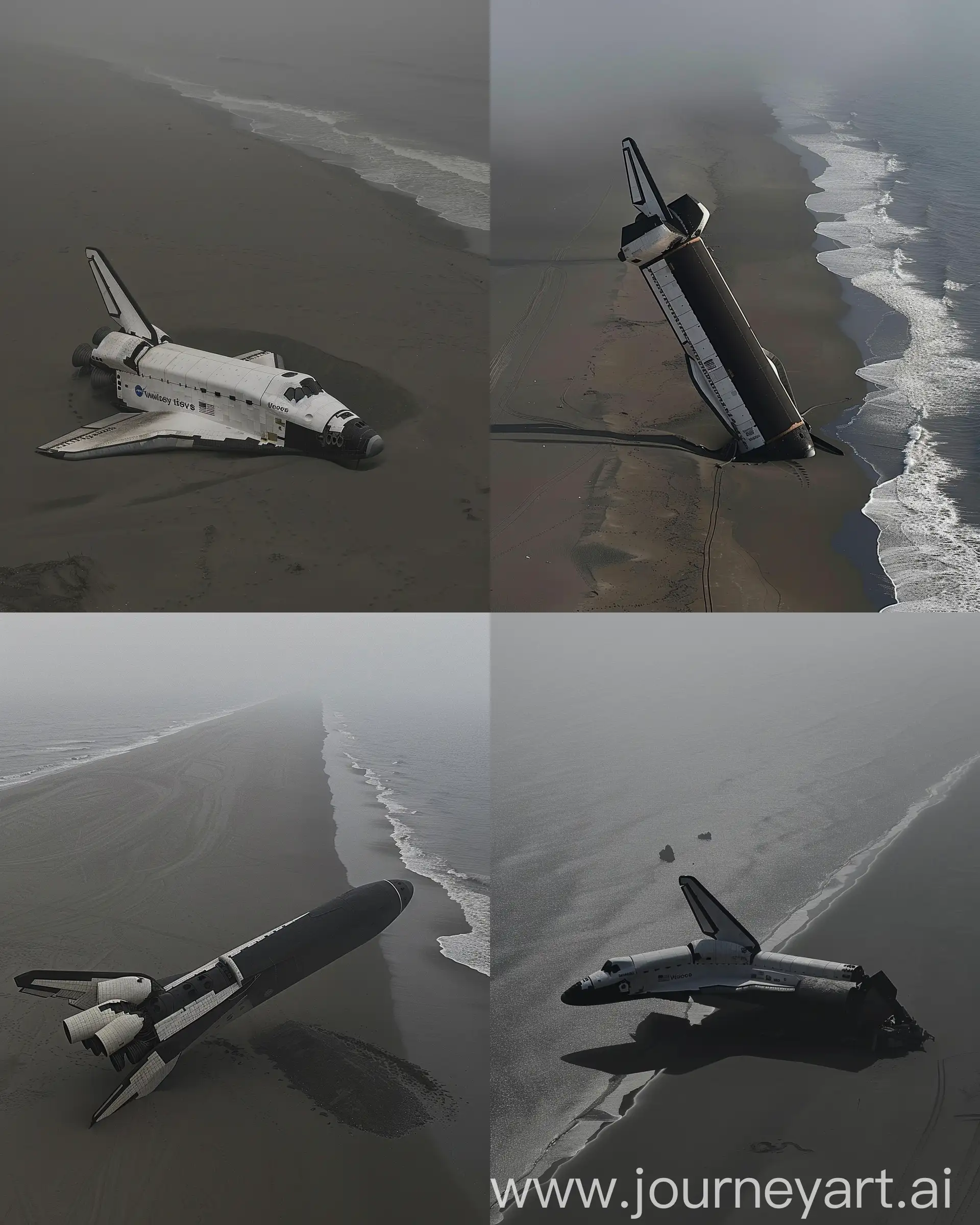 Aerial-View-of-Abandoned-Space-Shuttle-on-Foggy-Shore
