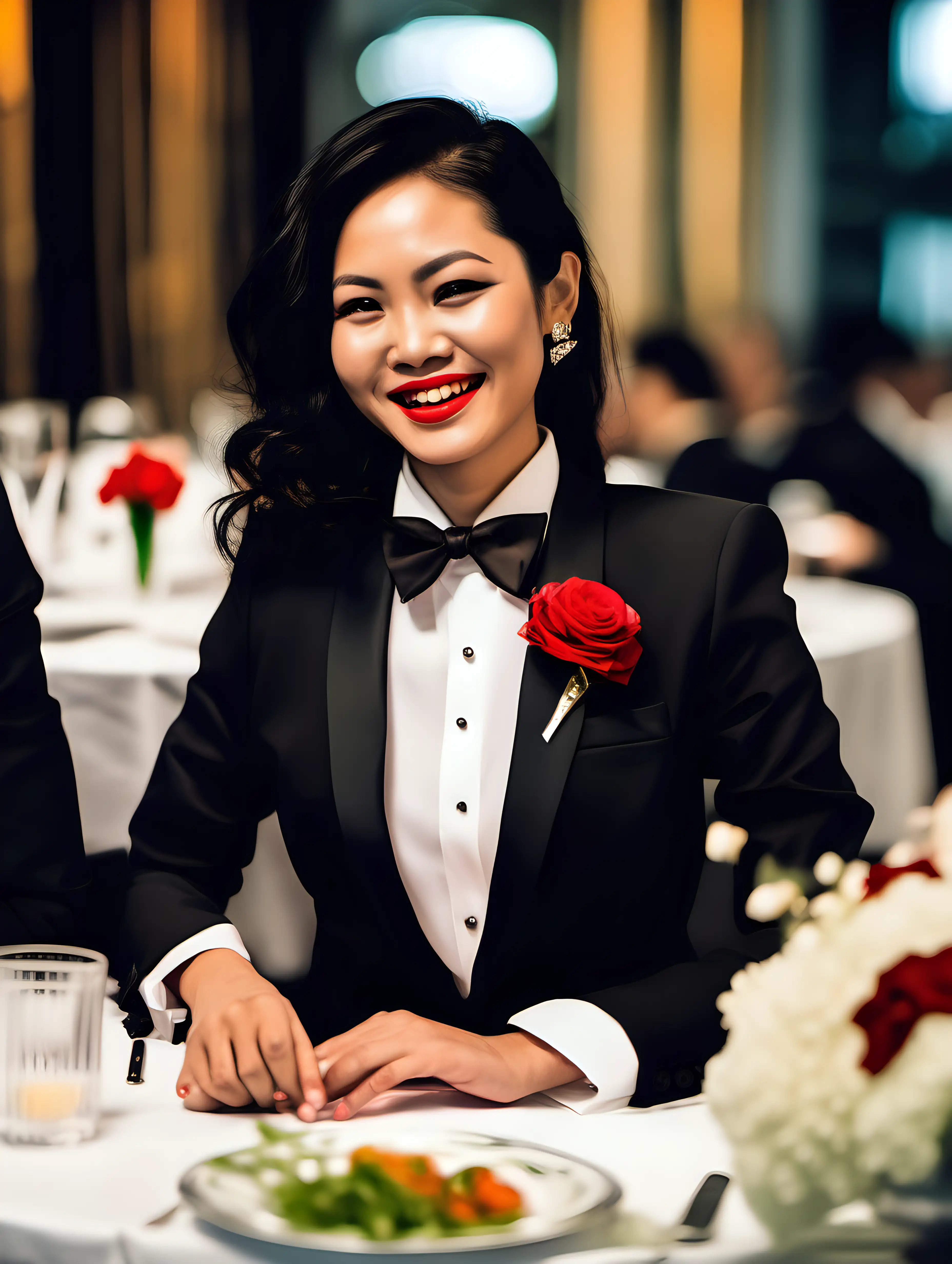 35 year old gorgeous and smiling and laughing Vietnamese woman with black shoulder length hair and red lipstick wearing a formal tuxedo with a black bow tie and studs and black cufflinks. Her jacket has a corsage. She is sitting at a dinner table.