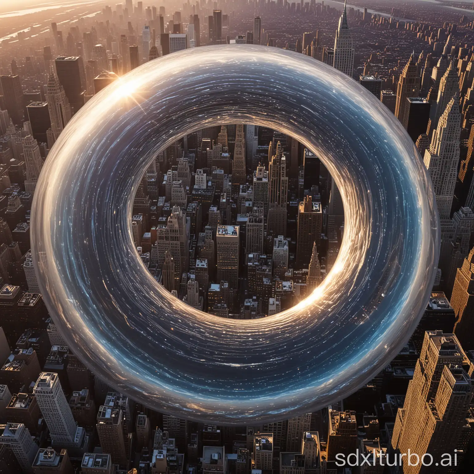 A giant toroidal spaceship is hovering over New York
