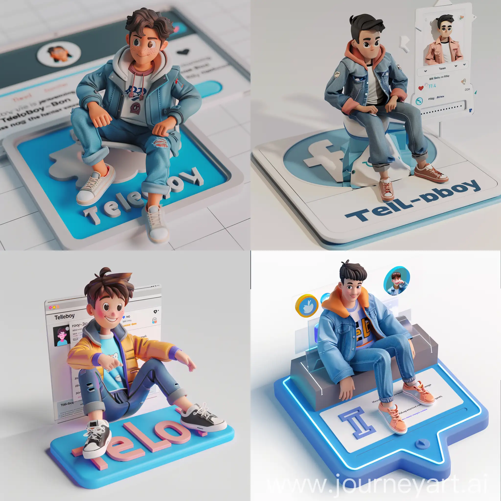 Create a 3D illustration of an animated character sitting casually on top of a social media logo "Telegram". The character must wear casual modern clothing such as jeans jacket and sneakers shoes. The background of the image is a social media profile page with a user name "Big-boy" and a profile picture that matches the animated character. Make sure the text is not misspelled.