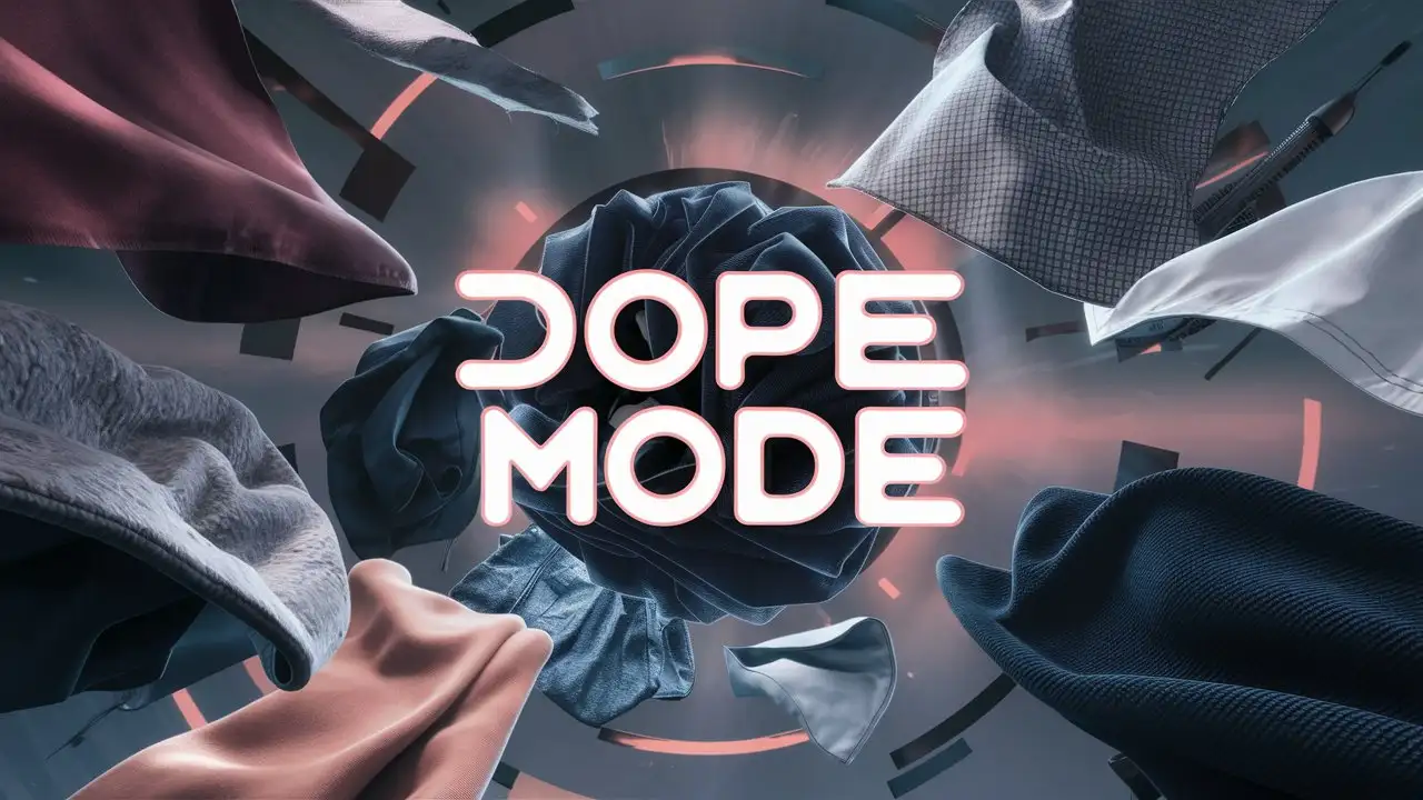 make a wallpaper with the name  DOPE MODE for clothing brand . clothing materials in the background with no people all 3d
