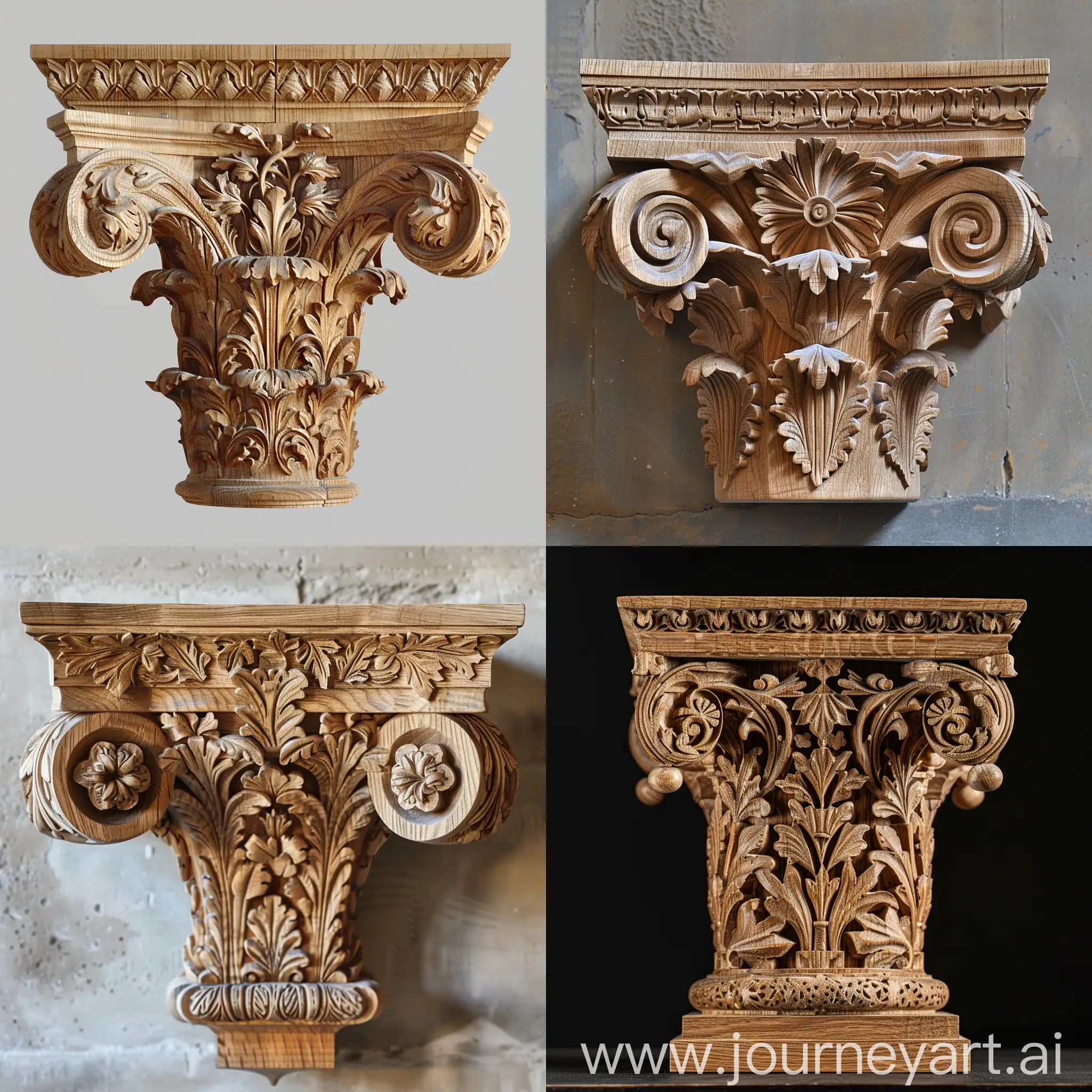 antique carved capital in antique style made of solid oak, photorealism