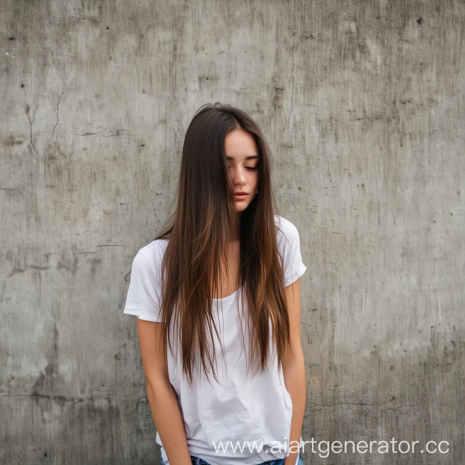 девушка с длинными волосами не видно лица лицо панамкой на фоне бетонной стены худая