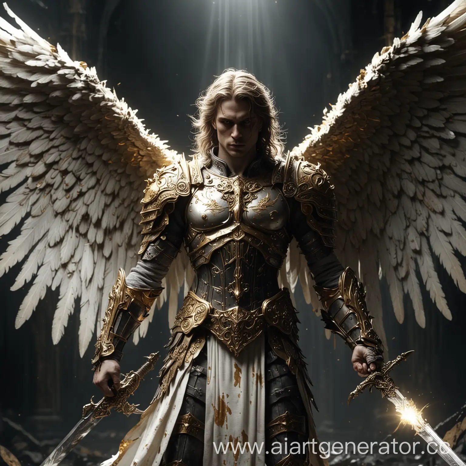 Ангел в доспехах из Тьмы с белоснежными крыльями потрепанными, где видны на крыльях кости и в руках его меч с золотым божественным светом. 4к