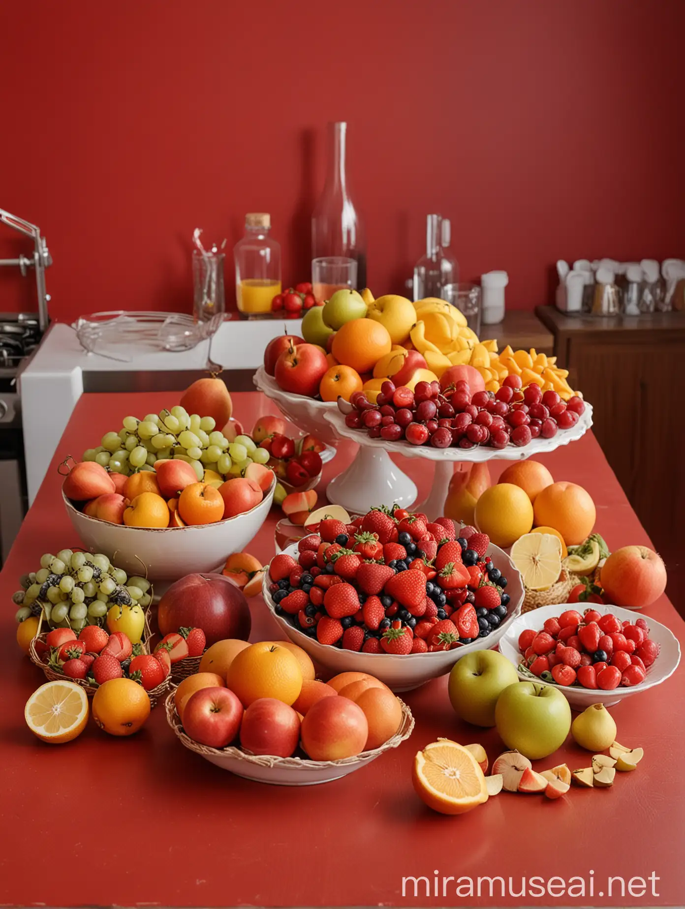 Assorted Fruits CloseUp on Red Kitchen Table