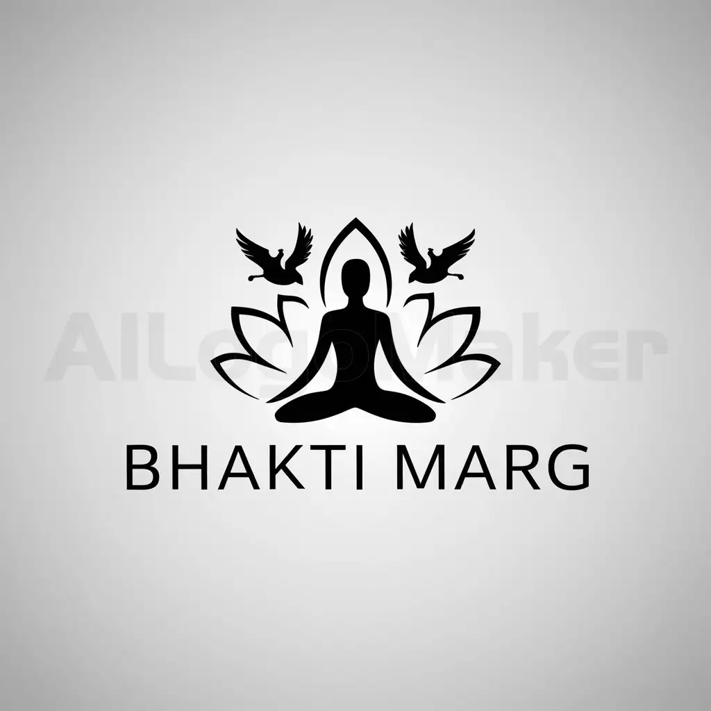 a logo design,with the text "bhakti marg", main symbol:yoga, man, lotus, bird,Minimalistic,clear background