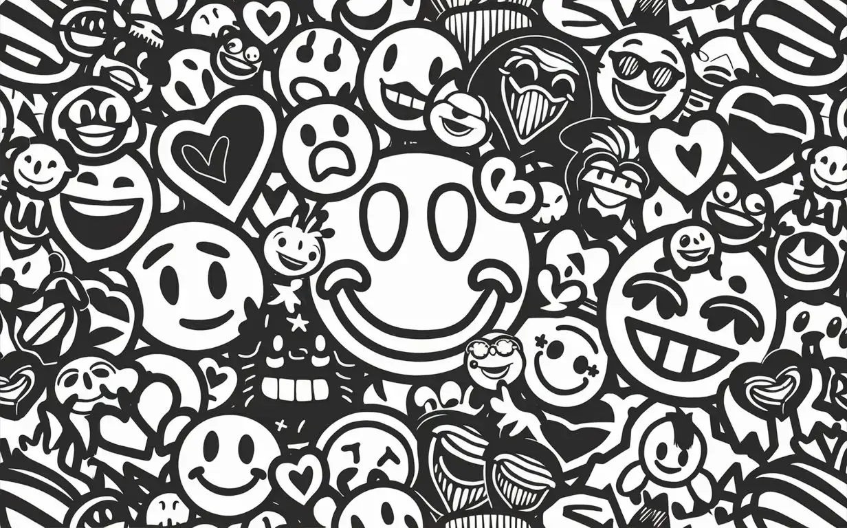 Seamless Black and White Emoji Doodles Pattern