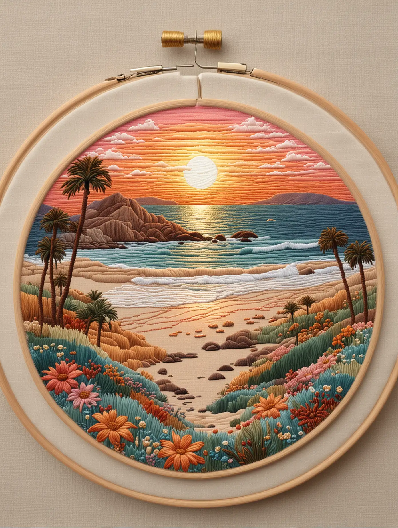 fully embroidered design of a California beach sunset made in the style of folk embroidery art, thread only no paint, subtle faded colors