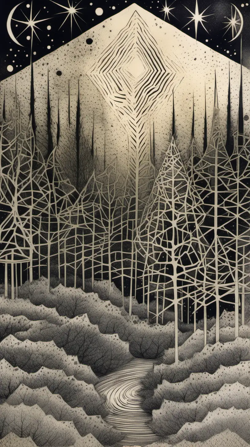 Celestial hexagonal forest, Intaglio (printmaking) technique