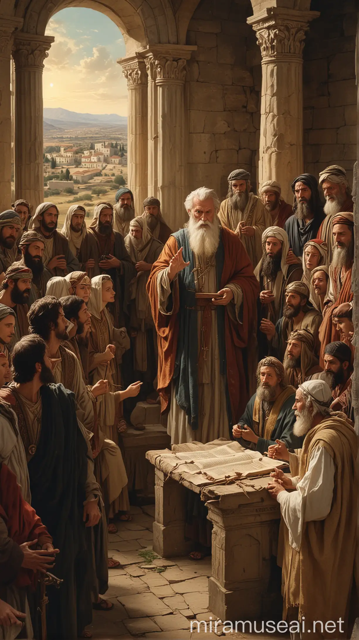 Depict Manaen as an older, wise man, teaching a group of early Christians. The scene should show an ancient church setting in Antioch, with Manaen at the center, holding scrolls or speaking passionately to a diverse group of followers."
