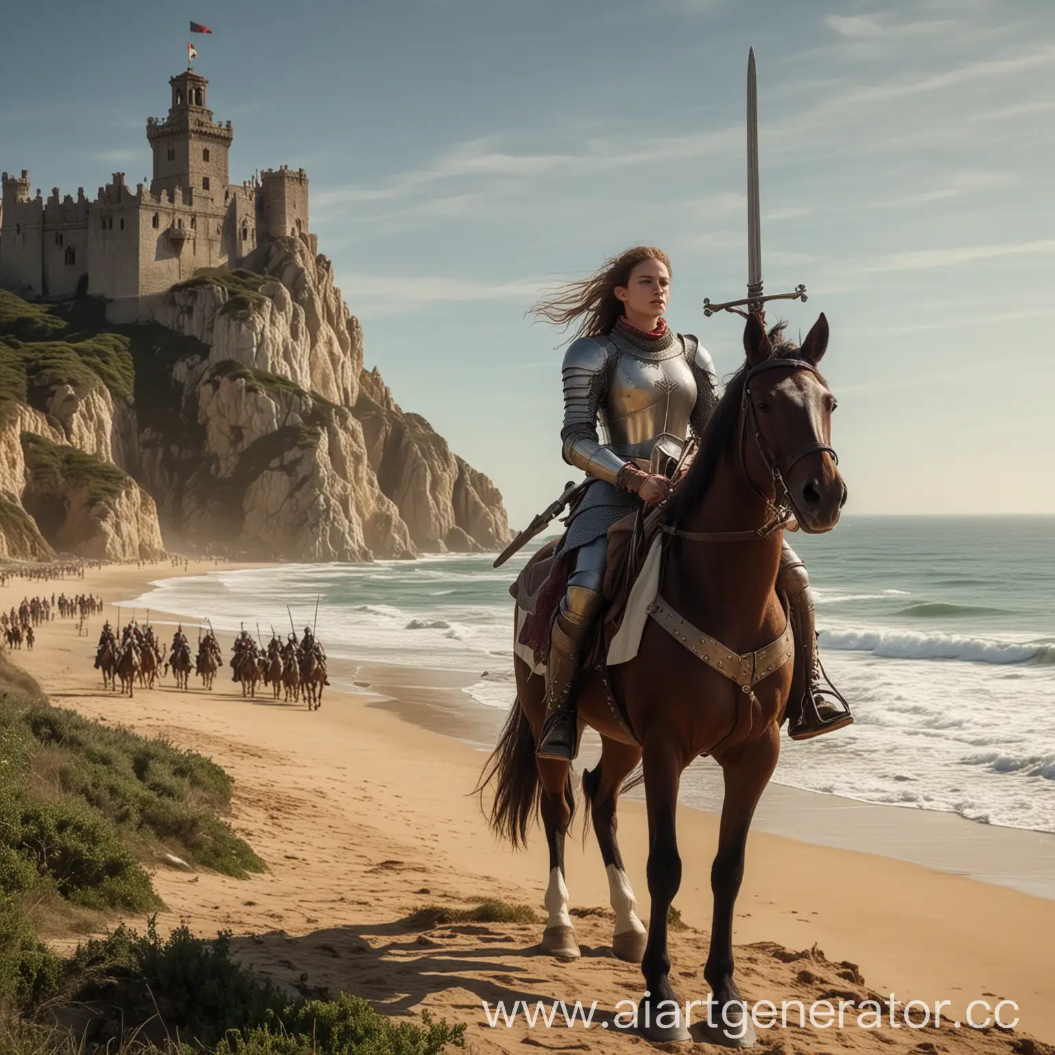 Cabo da roca nature photography, A knight girl leads troops and knights into battle on horseback with a sword over her head against the background of a beautiful castle on the seashore, DSLR, photorealistic --ar 16:9