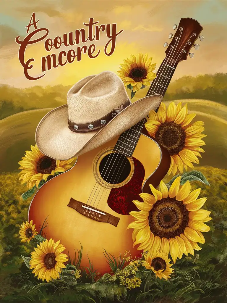 make a wine label for "A Country Encore" with a guitar a cowboy hat and a sunflower
