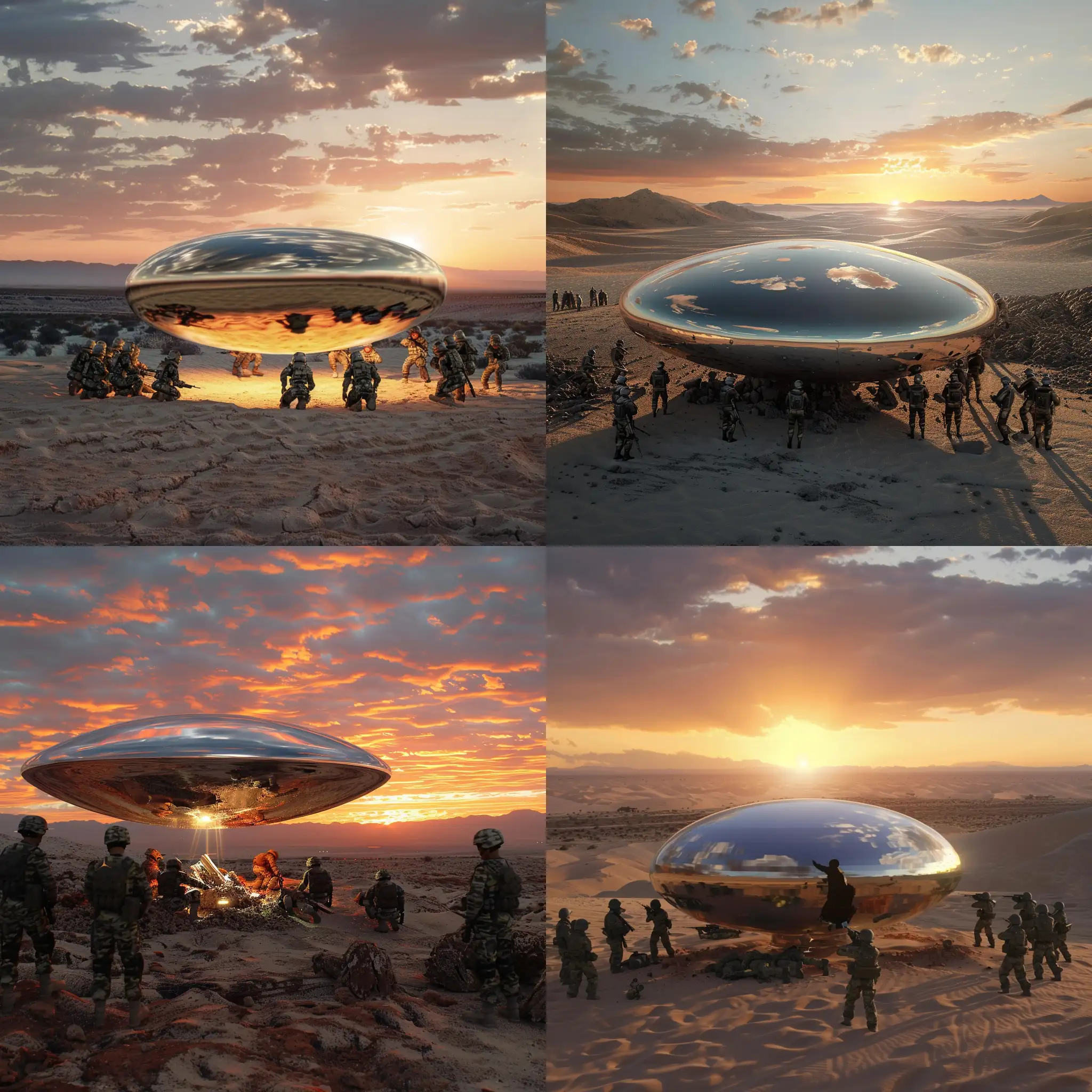 Shiny metallic Flying saucer crash in desert, soldiers surrounding it, sunset photo