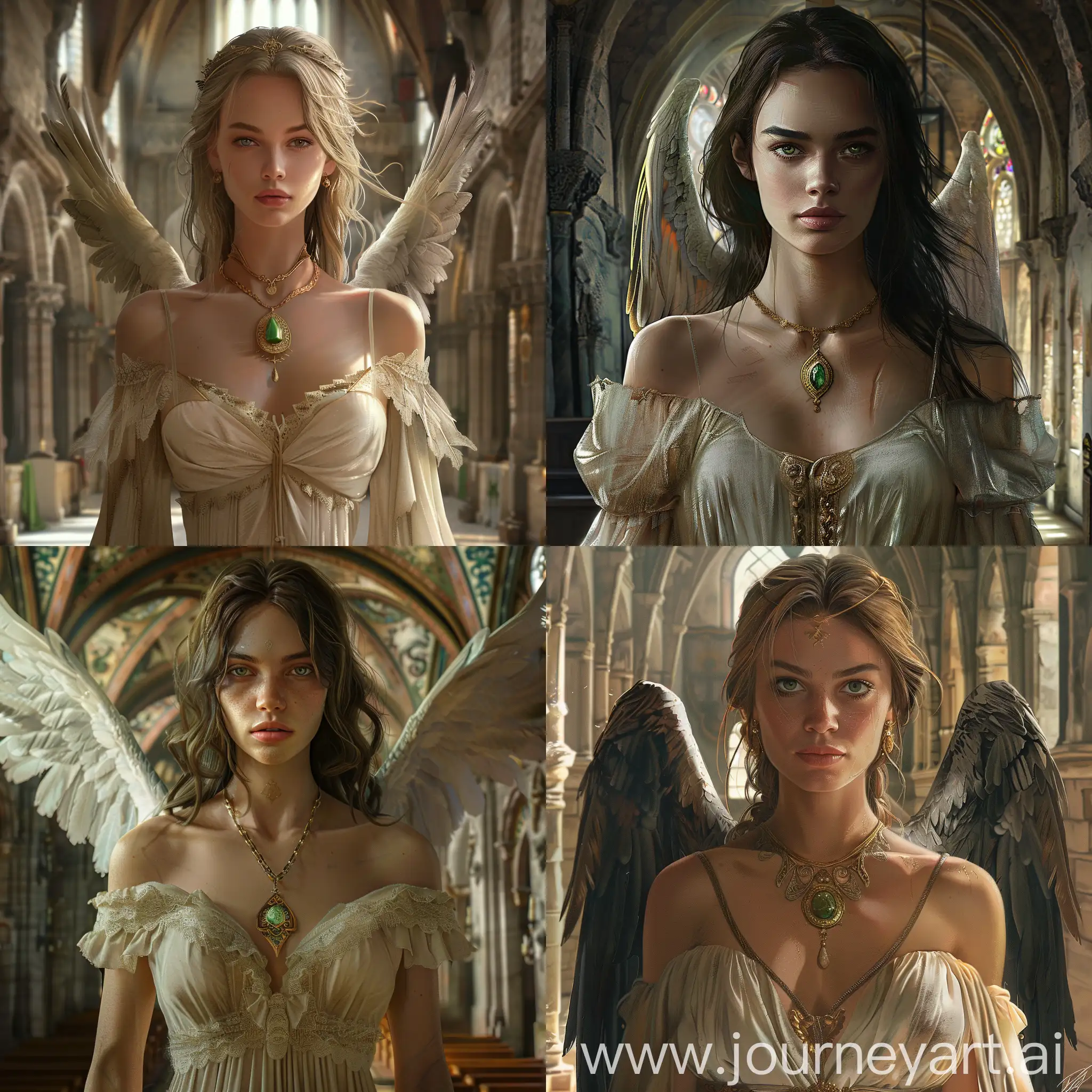 representative of a magical race: a woman in a light beige dress with bare shoulders, a gold pendant with a bright magical crystal around her neck, a woman with a pale face, eagle-like wings growing from her back, green eyes, long shoulder-length hair background: interior of an old monastery v6, very realistic, concept art