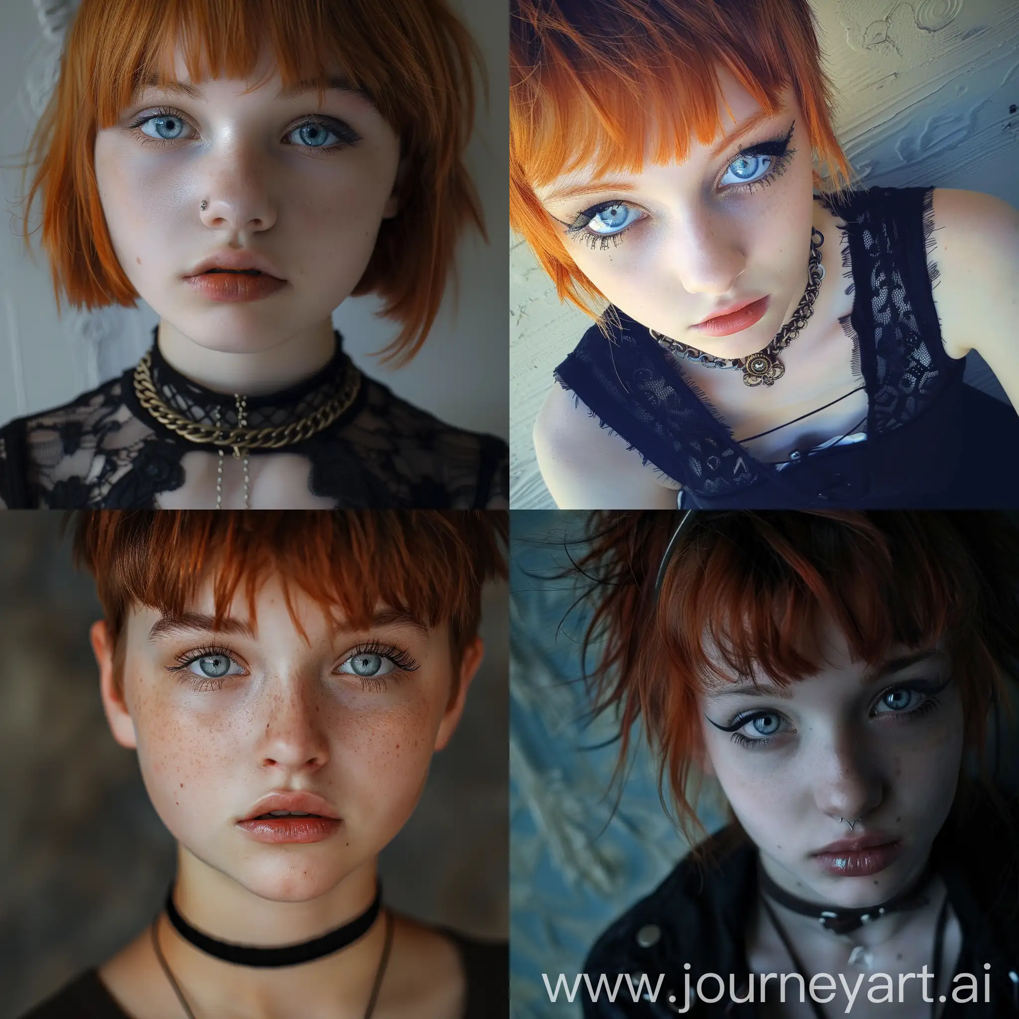  Beautiful teen girl goth,  pixie cut, redhead hair, icy blue eyes