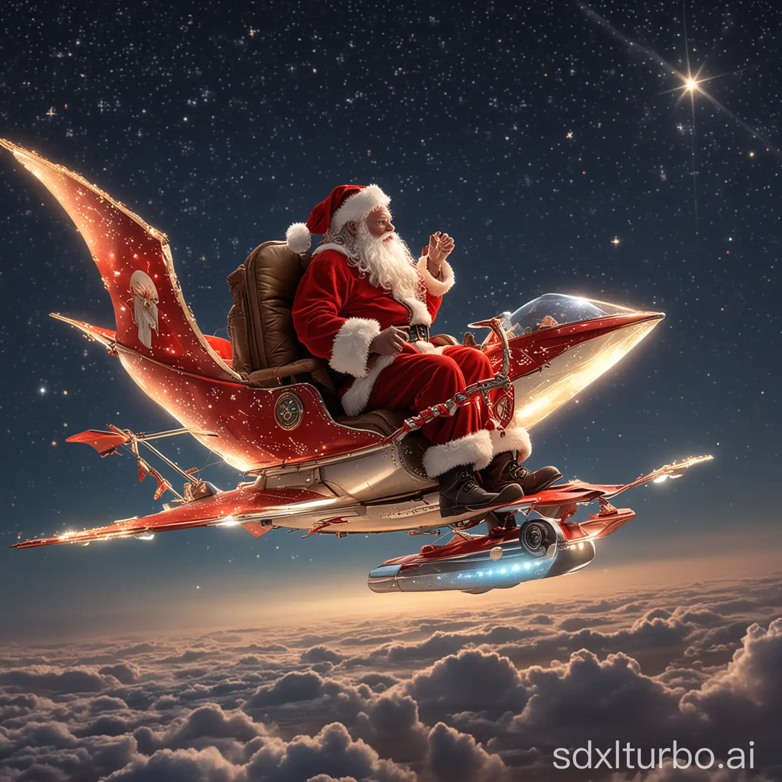 Santa, wie er auf einem glitzernden bemanntes Gleitfluggerät reitet, der ihn hoch in den Nachthimmel trägt, wo die Sterne seine einzigen Begleiter sind.