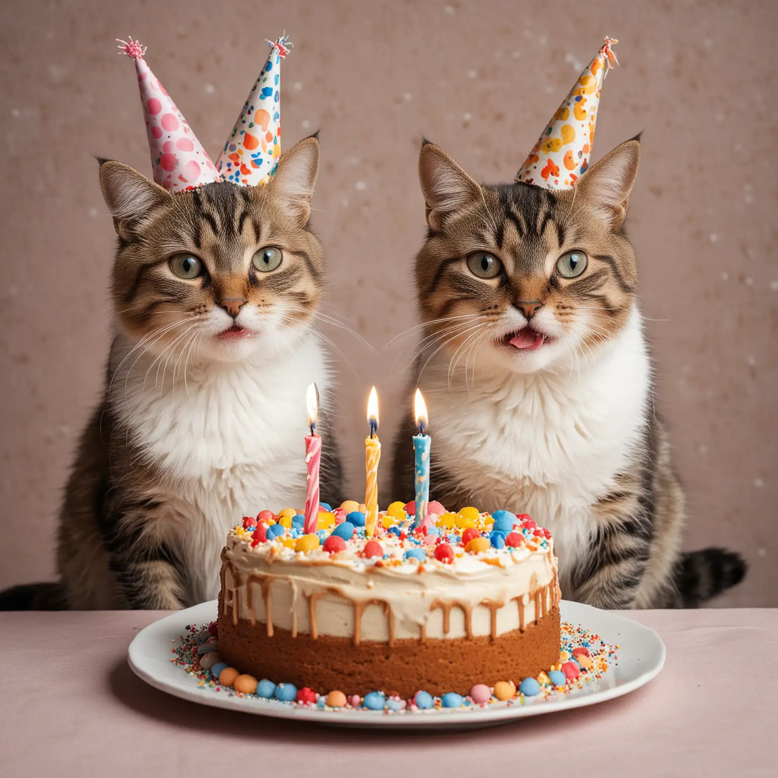 Two Cats Celebrating with a Birthday Cake