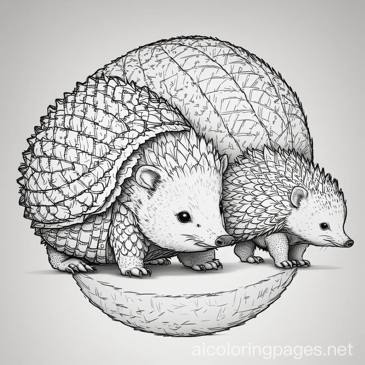 An armadillo hedgehog and  pangolin are friends they do dances to show how they can roll up in a ball and bounce out. , Coloring Page, black and white, line art, white background, Simplicity, Ample White Space. The background of the coloring page is plain white to make it easy for young children to color within the lines. The outlines of all the subjects are easy to distinguish, making it simple for kids to color without too much difficulty