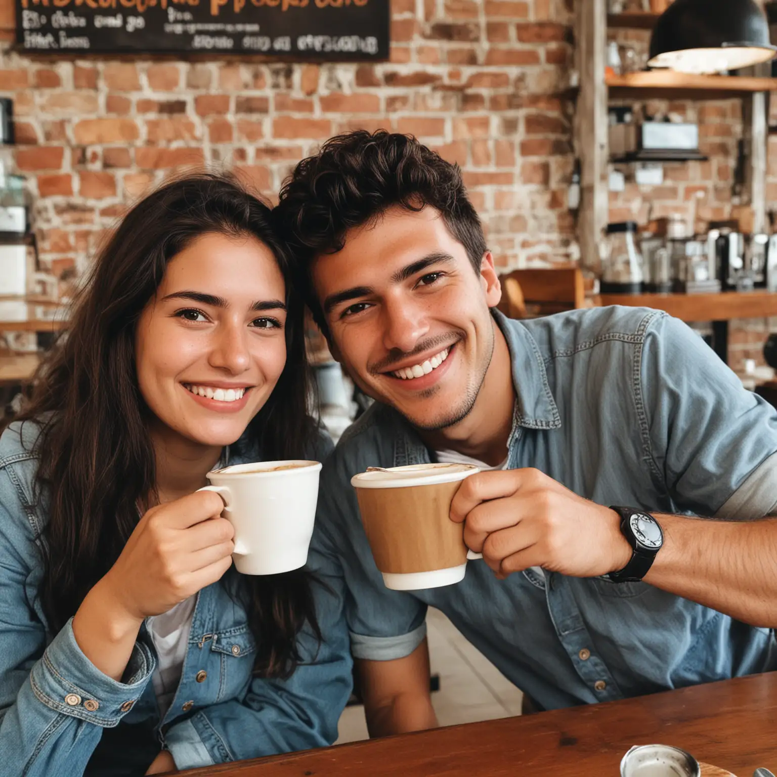 Muéstrame un par de amigos sonriendo con una taza de café en su mano en una tienda de café en Colombia
