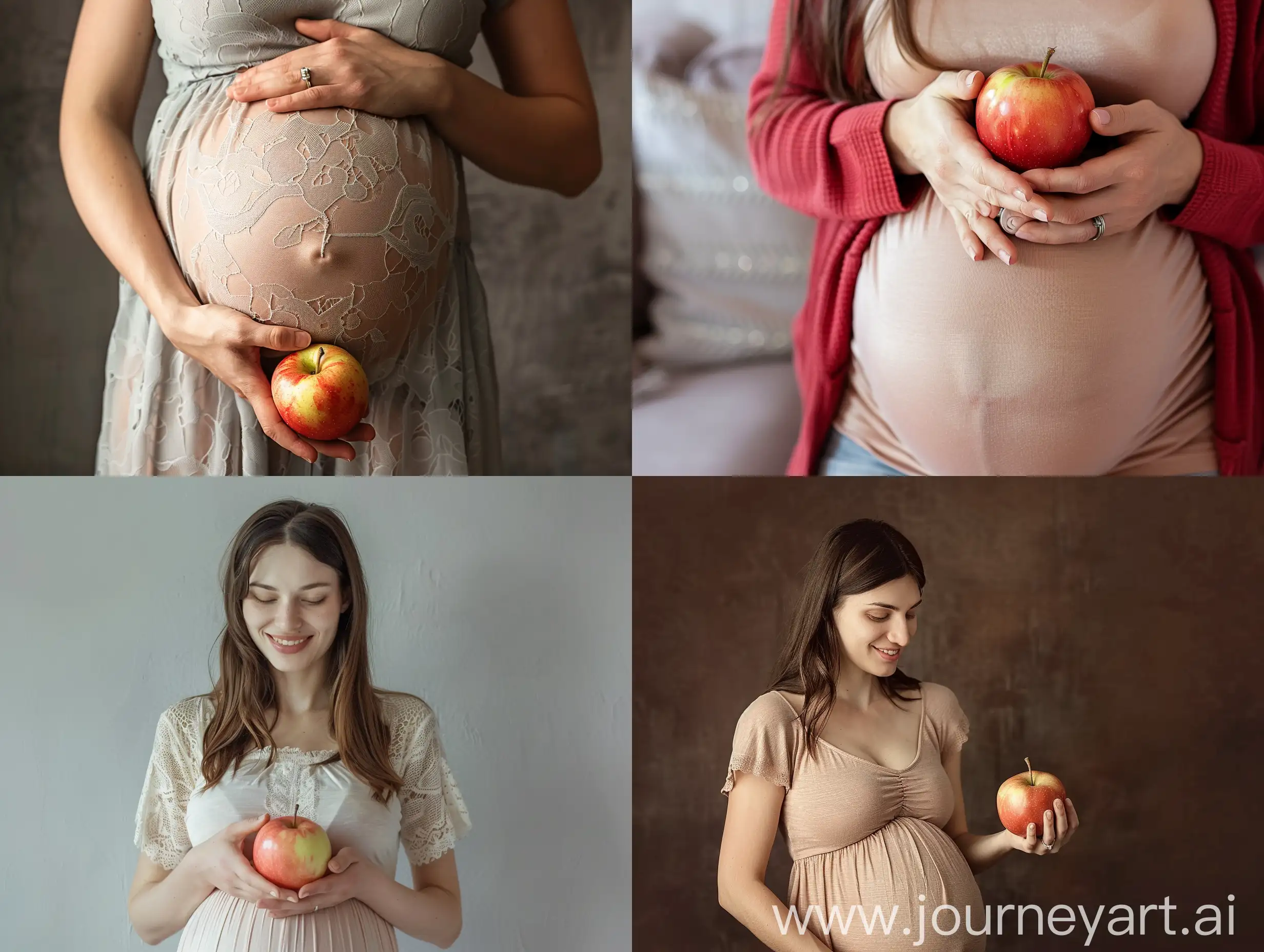 A photo of a pregnant woman holding an apple