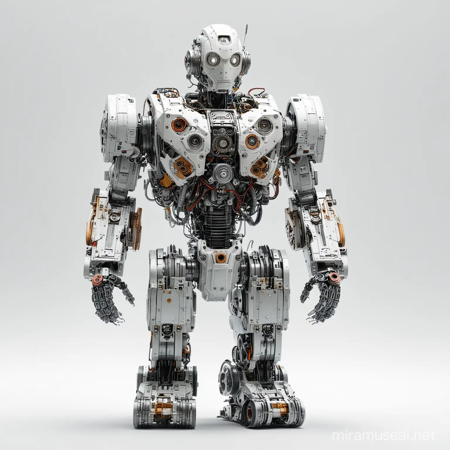 Robot Constructed from Spare Parts with Electric Motor on White Background