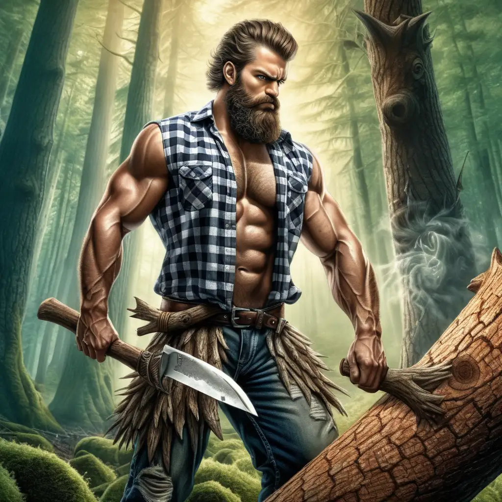 fantasy and mystical image , create a male who is muscular chopping a tree there are tress around him he is in a forest , he has a rugged checkered shirt and beard 


