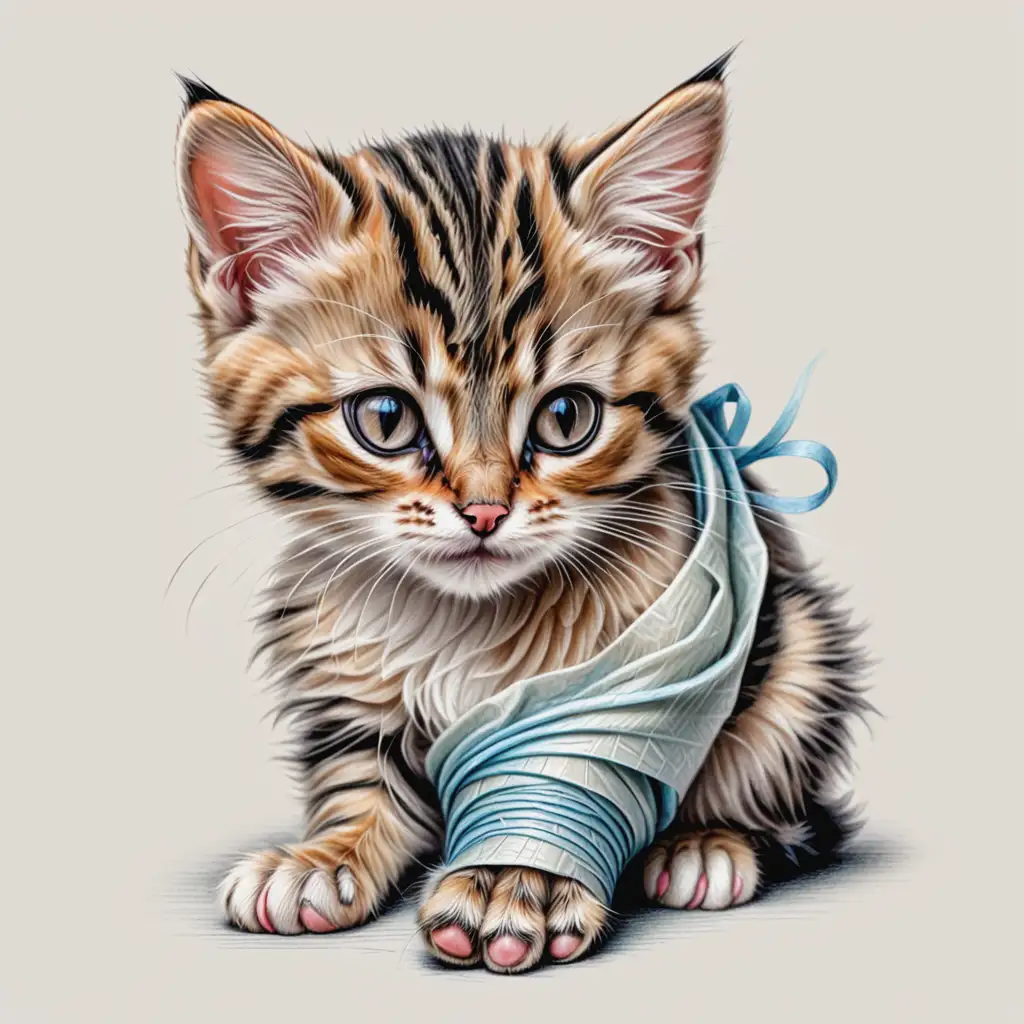 Small Cat with Bandaged Paw Delicate Pastel Drawing