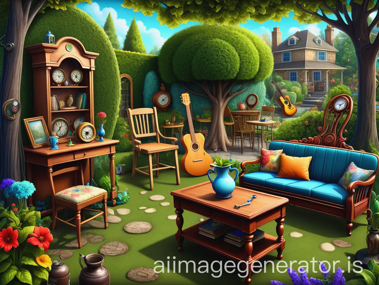 hidden objects level of a A garden with trees, wooden furniture, and many objects like a clock, a guitar, a vase, a bottle, a cup, a book, a clock, a painting, a chair, a dining table, and a couch with so many hidden objects, hidden object game