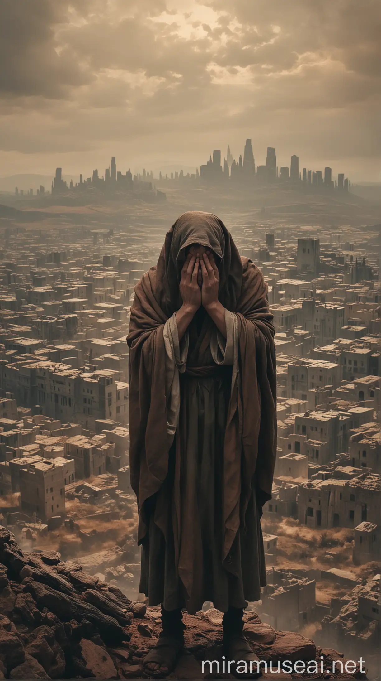 An image of Canaan, the son of Ham, standing with his head bowed and hands covering his face, with a cityscape or landscape in the background representing the cursed land of Canaan. The color palette should be muted and gloomy to convey the sense of doom In ancient world 