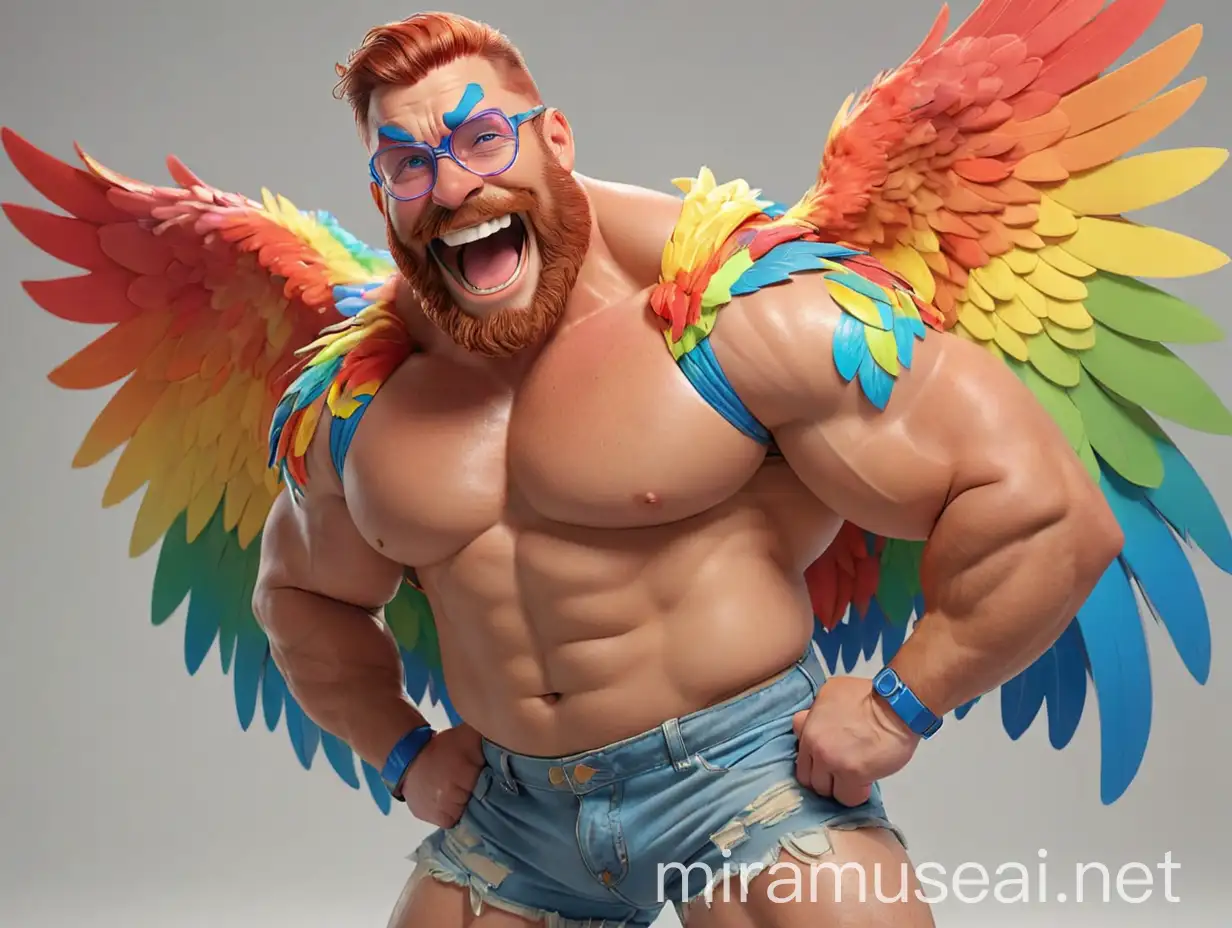 Studio Light Subtle Smile Topless 40s Ultra Chunky Red Head Bodybuilder Daddy with Beard Wearing Multi-Highlighter Bright Rainbow Colored See Through huge Eagle Wings Shoulder Jacket short shorts and Flexing his Big Strong Arm Up with Doraemon Goggles on forehead