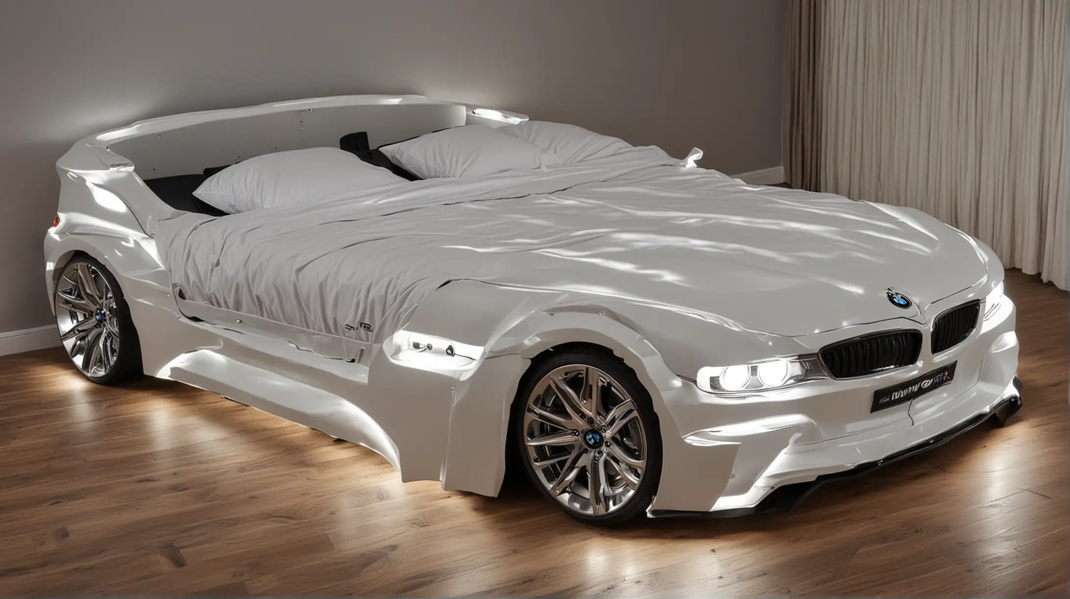 Luxury Double Bed Shaped like a BMW Car with Illuminated Headlights