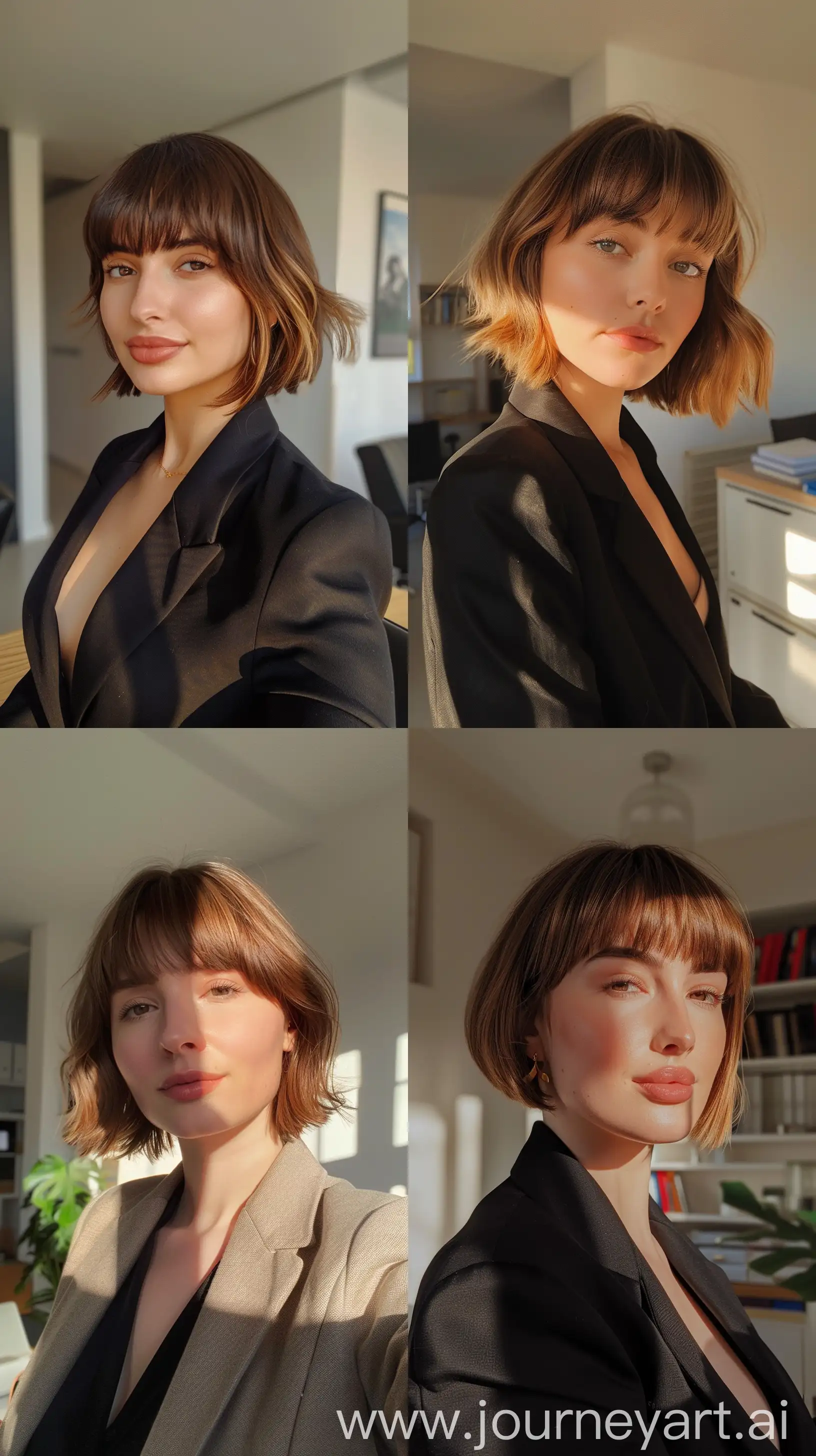Aesthetic Instagram selfie of a female CEO in her office, warm brown tones, British, bangs, short hair, ombre, realistic lighting and shadows, wide set, profile throw face away in room --ar 9:16