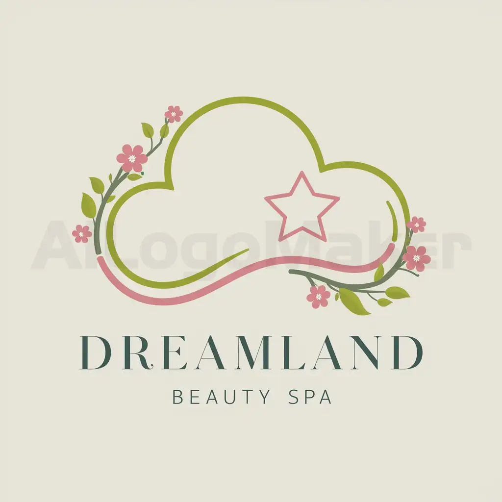 a logo design,with the text "dreamland", main symbol:The logo is composed of two main elements: a stylized cloud shape and a star symbolnnThe cloud shape is formed by a curved line with a slight bend at one end, giving it a subtle sense of motion or movement. The line is thick and smooth, suggesting a soft and dreamy quality.nnColors: The primary colors used are green and pink, giving a spring vibe.nAdditional Elements: Flower branches and leaves cling around the edge of the clouds,Minimalistic,be used in Beauty Spa industry,clear background