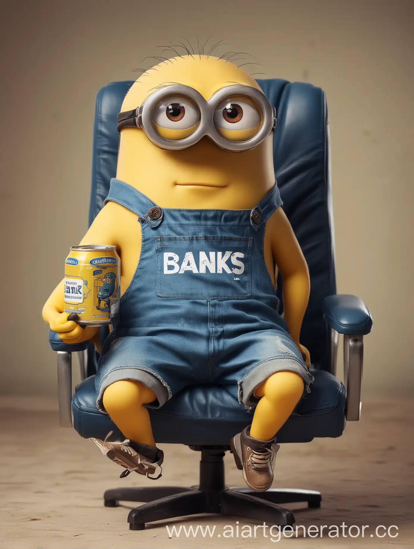 Жёлтый Одноглазый миньон в крутых очках и с банкой в руках сидит на игровом кресле, на него надетас синяя футболка с надписью "BANKA"