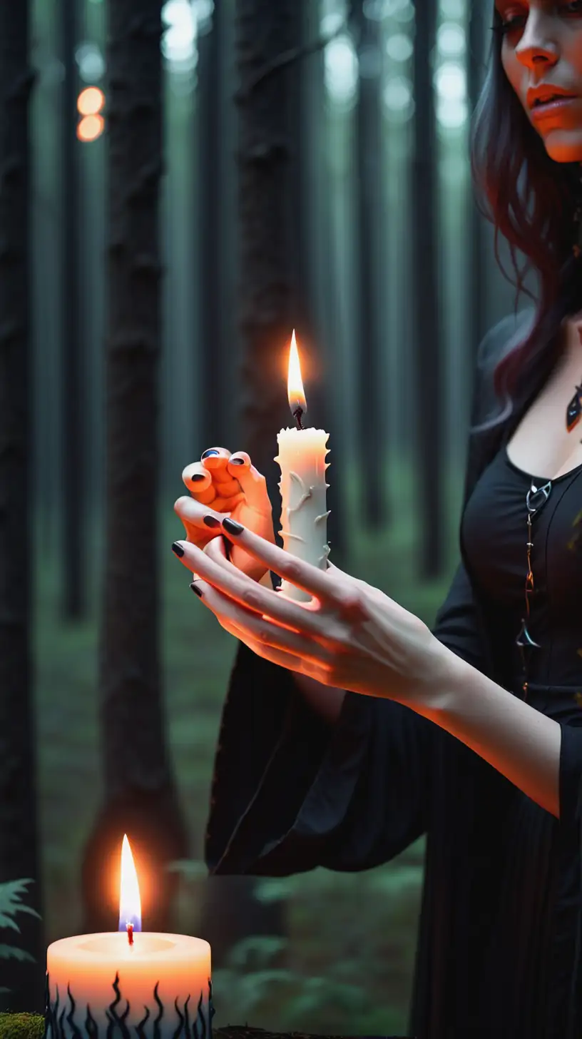 Modern Witch Lighting a Candle in a Mystical Forest