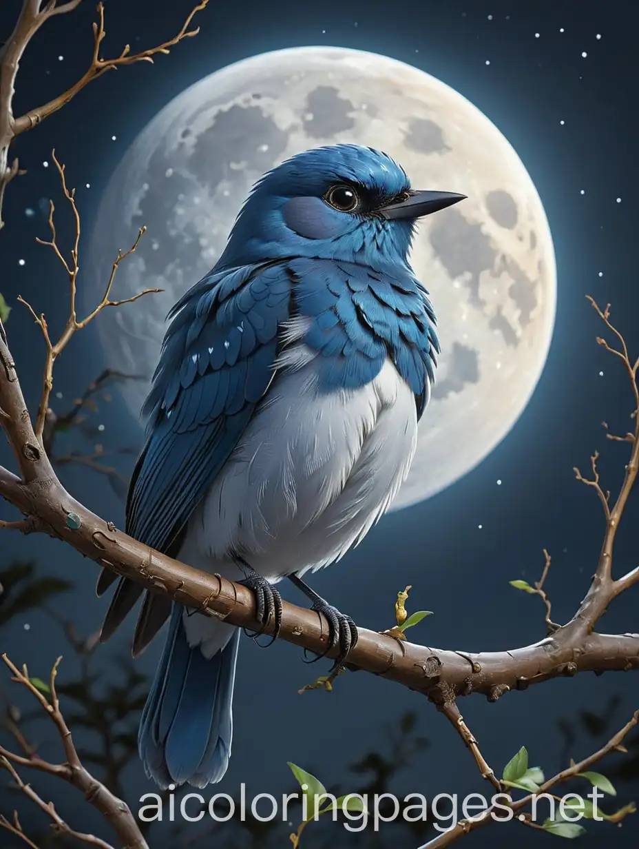 A stunning, life-like digital illustration of a sapphire blue bird perched on a moonlit branch against a dark night sky. The bird's vibrant blue feathers glisten like jewels under the moonlight. Its eyes are large and expressive, revealing a sharp intelligence. The background features a vast, velvety black sky filled with stars, and a low-hanging crescent moon sheds a soft silvery light on the scene. The overall atmosphere is serene and enchanting., Coloring Page, black and white, line art, white background, Simplicity, Ample White Space. The background of the coloring page is plain white to make it easy for young children to color within the lines. The outlines of all the subjects are easy to distinguish, making it simple for kids to color without too much difficulty