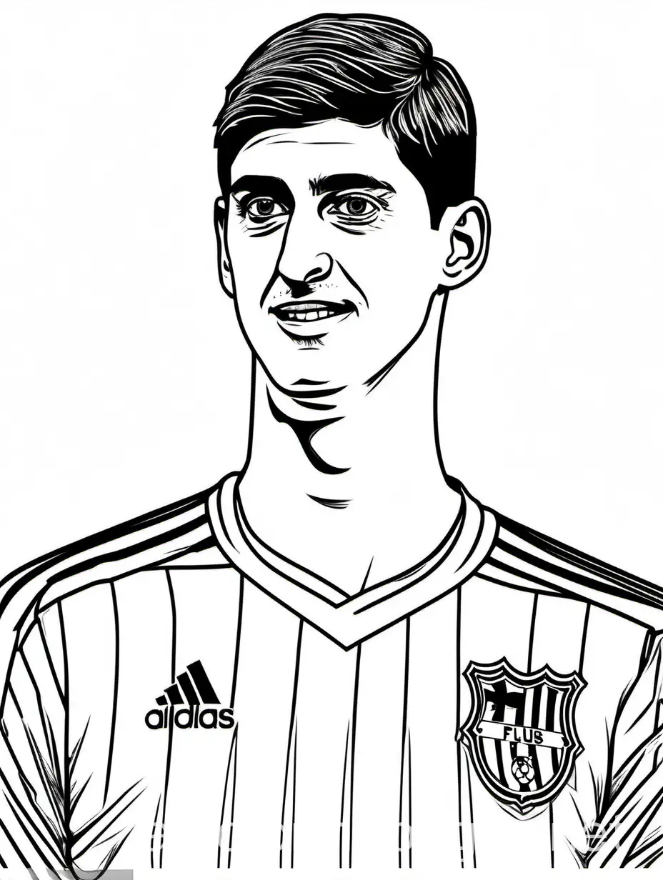 Thibaut Courtois football , Coloring Page, black and white, line art, white background, Simplicity, Ample White Space. The background of the coloring page is plain white to make it easy for young children to color within the lines. The outlines of all the subjects are easy to distinguish, making it simple for kids to color without too much difficulty