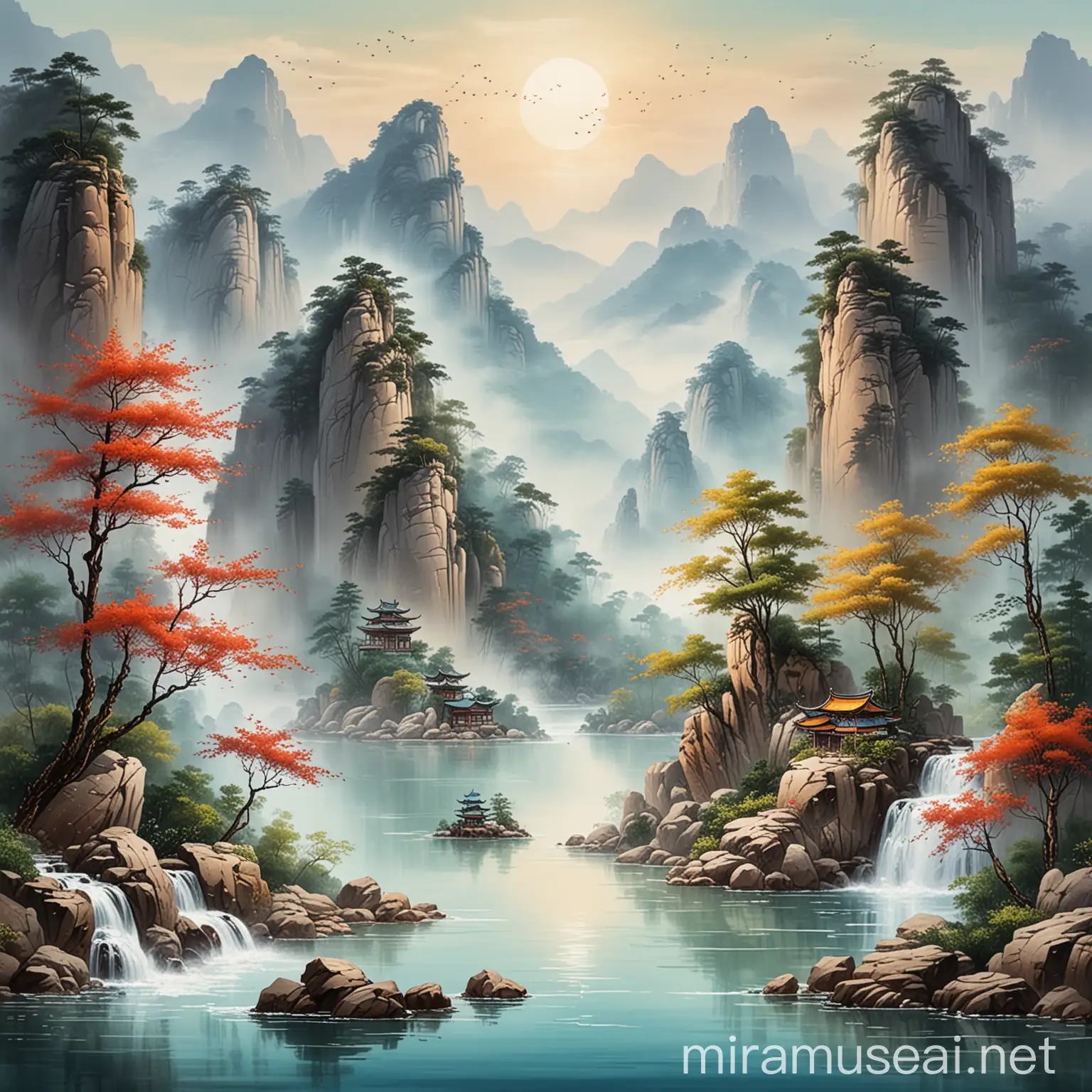 Tranquil Chinese Style Mountain and Water Painting