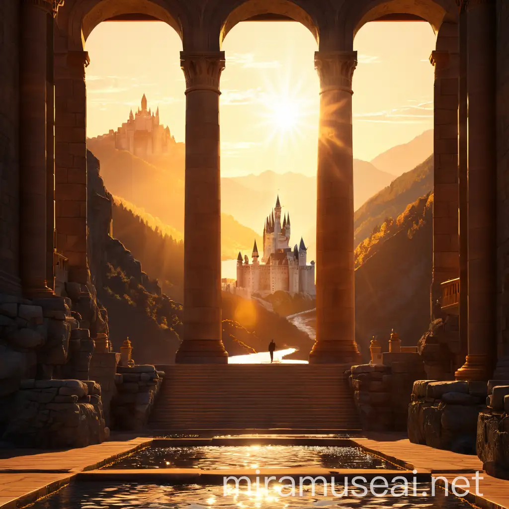 very realistic architectural view of a huge castle perched atop a rocky hill, and a sparkling river flowing through the valley below on a bright sunny day with a staircase, marble, leading up to the kingdom with arches, golden accents, viewed from a low point with bright light shining from the sky above. The spire of the castle reaches into the orange sunset sky. Huge big castle facing the camera. Majestic and Sovereign view