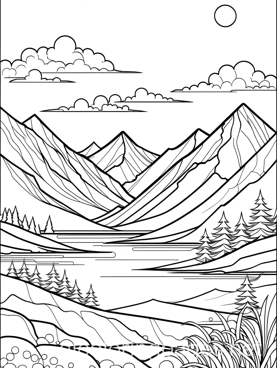 extremely simple, cartoon style, beautiful, sunset, with mountains in the background, easy to color, black and white, coloring page, Coloring Page, black and white, line art, white background, Simplicity, Ample White Space, The background of the coloring page is plain white to make it easy for young children to color within the lines. The outlines of all the subjects are easy to distinguish, making it simple for kids to color without too much difficulty