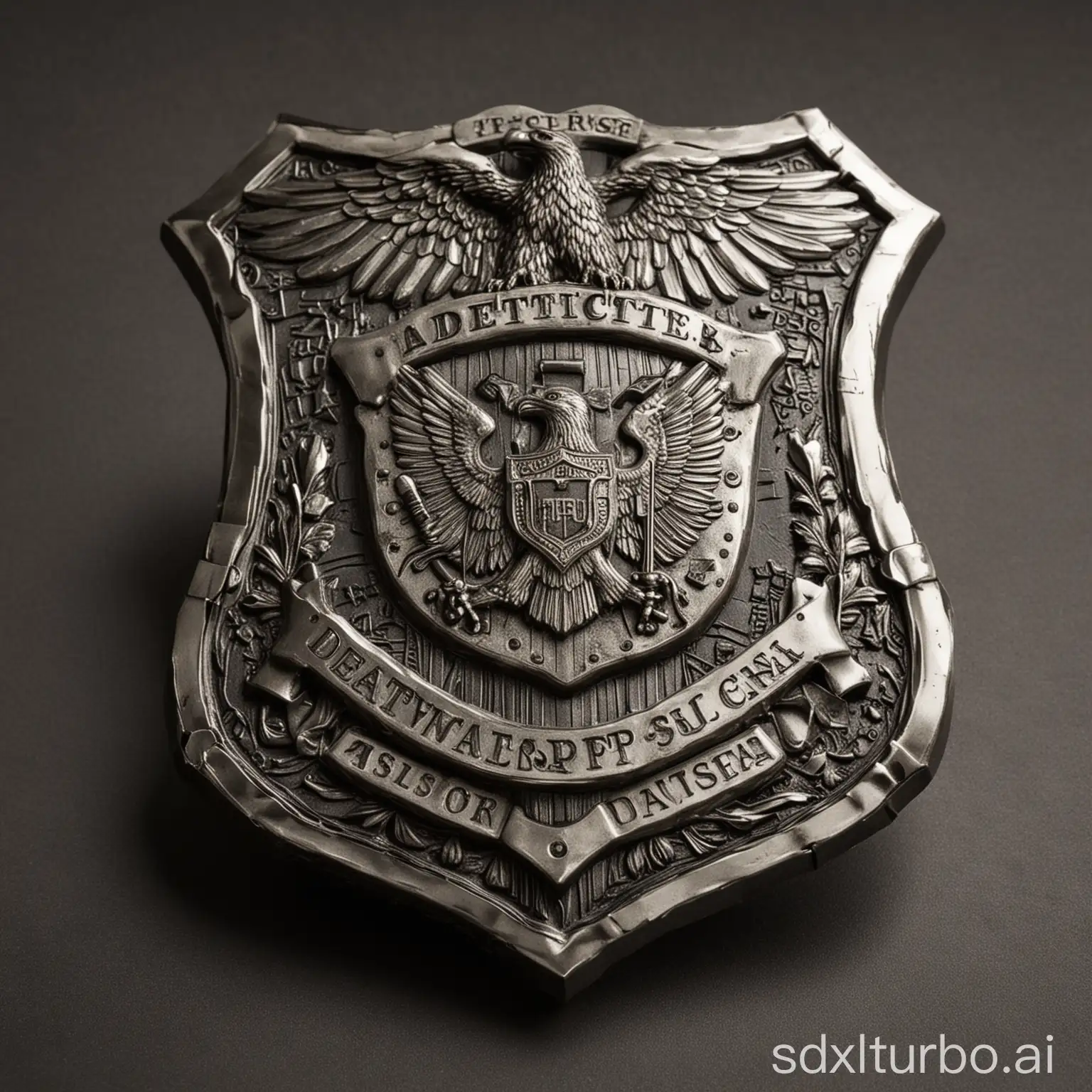 A high-definition detective's badge made of polished metal with intricate engravings. The badge is shield-shaped, featuring an emblem at the center such as a star or an eagle. The word "Detective" is prominently displayed along with a unique badge number and the department name. The metal surface is shiny and reflective, highlighting its polished finish. The background is simple and dark, making the details of the badge stand out. The style is realistic and detailed, emphasizing the craftsmanship and authority of the badge. Key elements: detective's badge, polished metal, shield shape, emblem, word "Detective", badge number, department name, shiny surface, realistic and detailed style, dark background.
