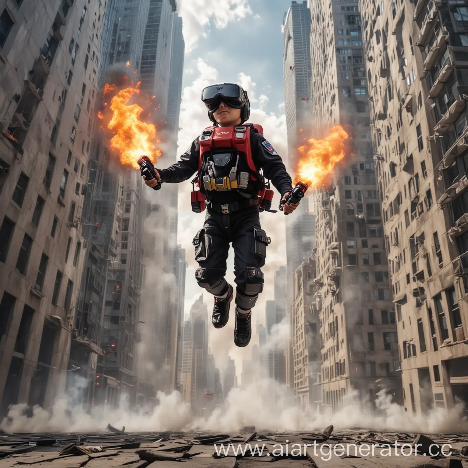 ребенок летается среди небоскребов в виртуальных очках с помощью реактивного ранца и тушит пожар огнетушителями