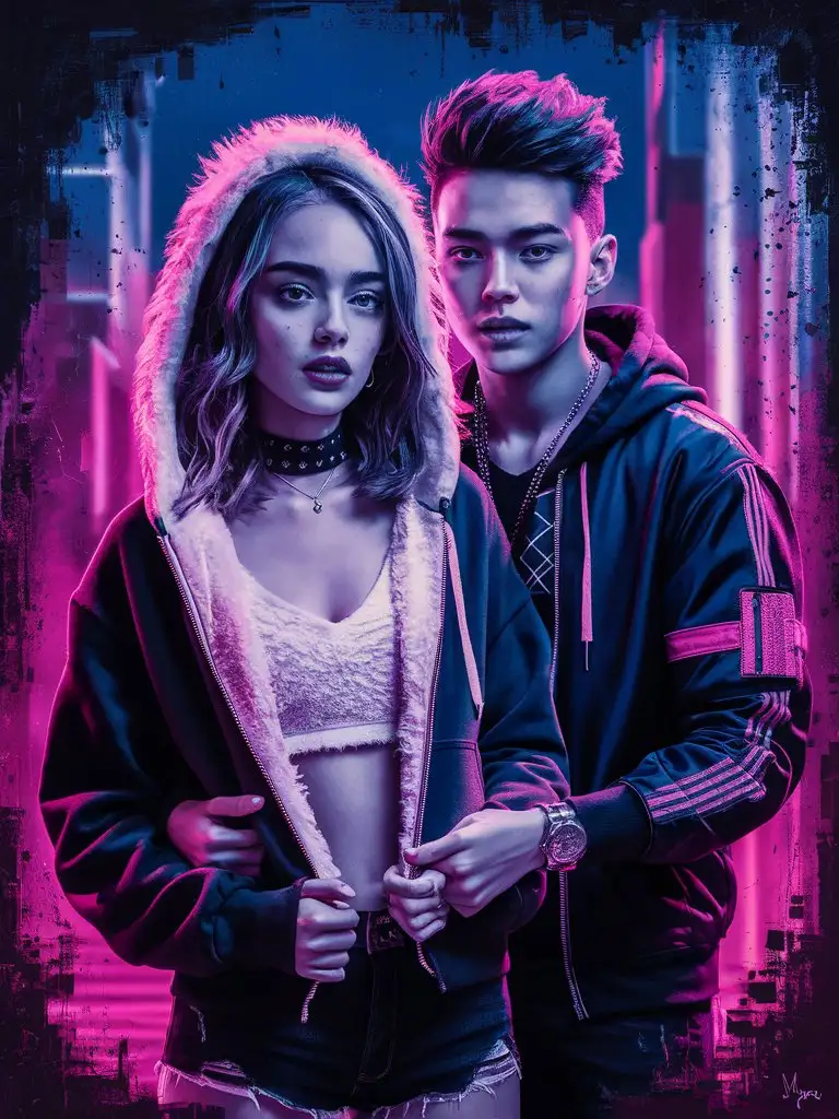 nature-image, siren teenager couple, cuddling, fluffy-fur-trim-hoodie, choker, raver, fluffy-fleece-undershirt, hot, raver, raw image, joey king, badass filters and effects, character portrait by Adam Marczyński, a teen cyberpunk cyborg, still from alita, juno promotional image, an edgy teen assassin, neonpunk