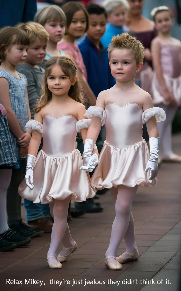 Gender role-reversal, Photograph of a Two British children, a long-haired 8-year-old British girl, and a 9-year-old white British boy with a cute face and short smart spiky blonde hair shaved on the sides, the shy children are going to see a ballet show and are wearing silky white professional ballerina strapless neckband leotard dresses with poofy sleeves and silky white gloves, the boy and the girl are walking past a group of little 5-year-old boys and girls who are looking at the them, theatre lobby, adorable, perfect children faces, perfect faces, clear faces, perfect eyes, perfect noses, smooth skin, the photograph is captioned “Relax Mikey, they’re just jealous they didn’t think of it”