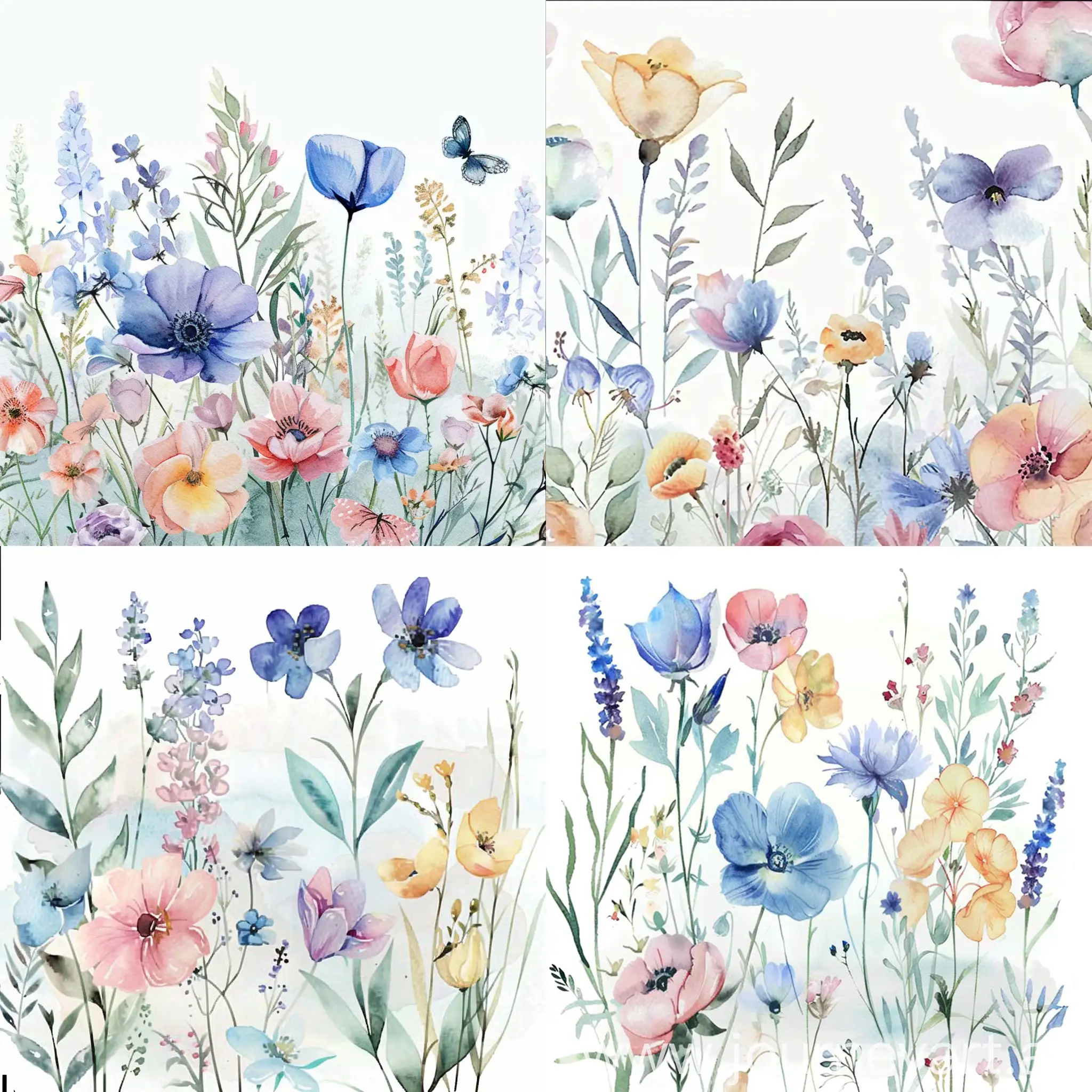 Soft Handpainted Watercolor Wildflowers on White Background
