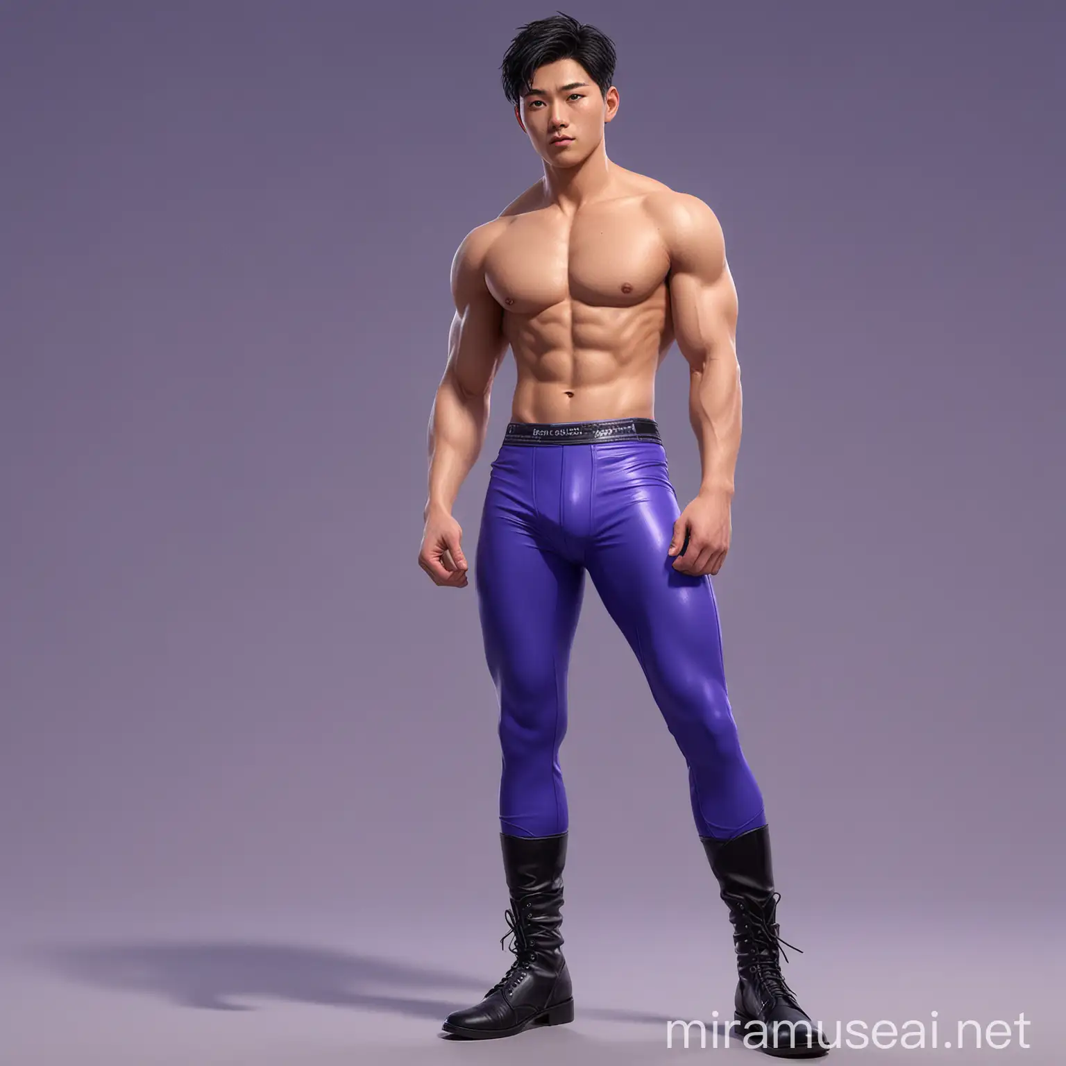 Charming fit shirtless 22 year old male South Korean fighter, with short  black hair , pointed eyebrows, tan skin; wearing long cobalt blue (leaning to purple) spandex leggings; black boots and wristbands, in pixar art style.